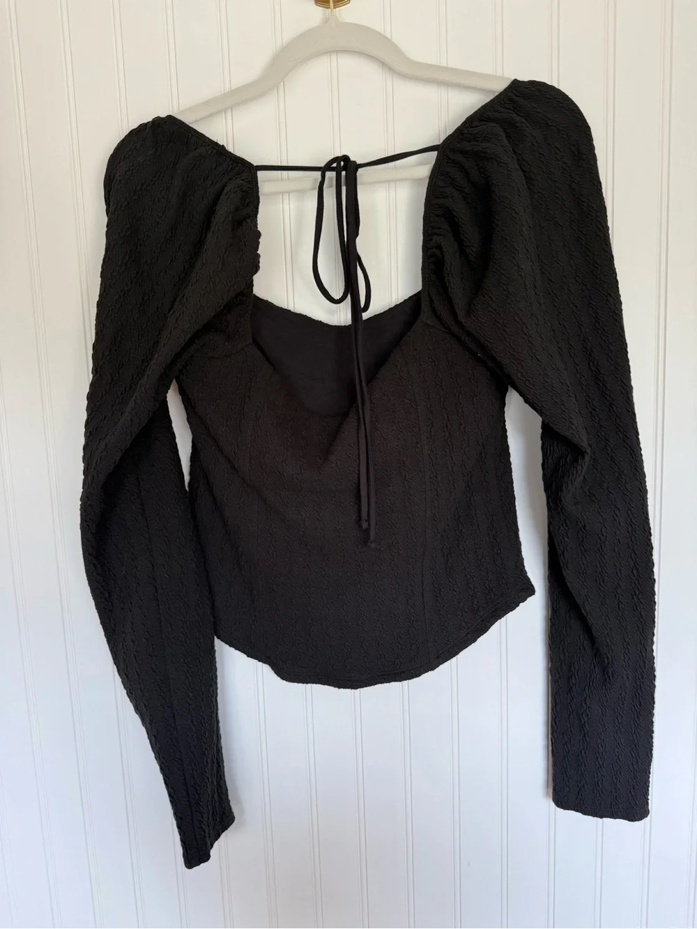 Free People Brittany Top Black Puff Sleeve Square Neck Tie Back Size L
